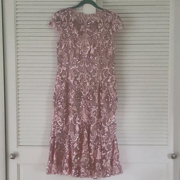 Alex Evenings Sequin Embroidered Cap Slv Flounce Hem Midi Dress Sz 6 NWOT - Picture 8 of 12